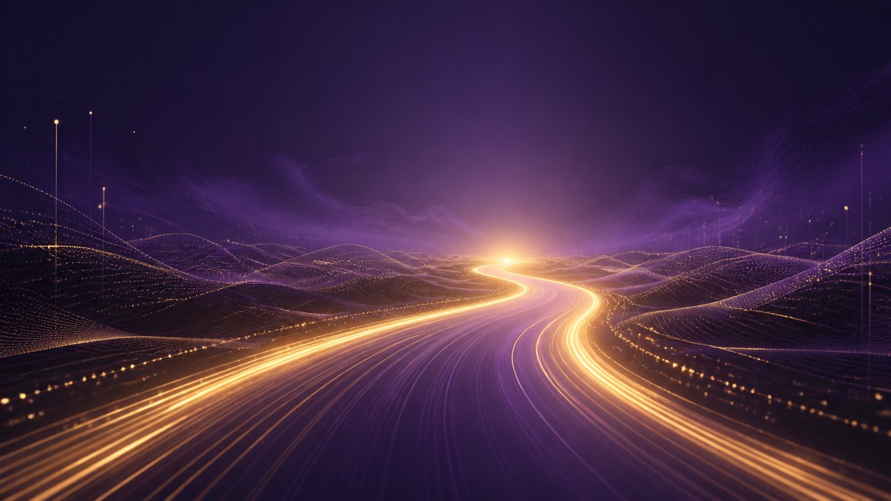 Abstract purple digital landscape with an amber road leading toward a bright horizon